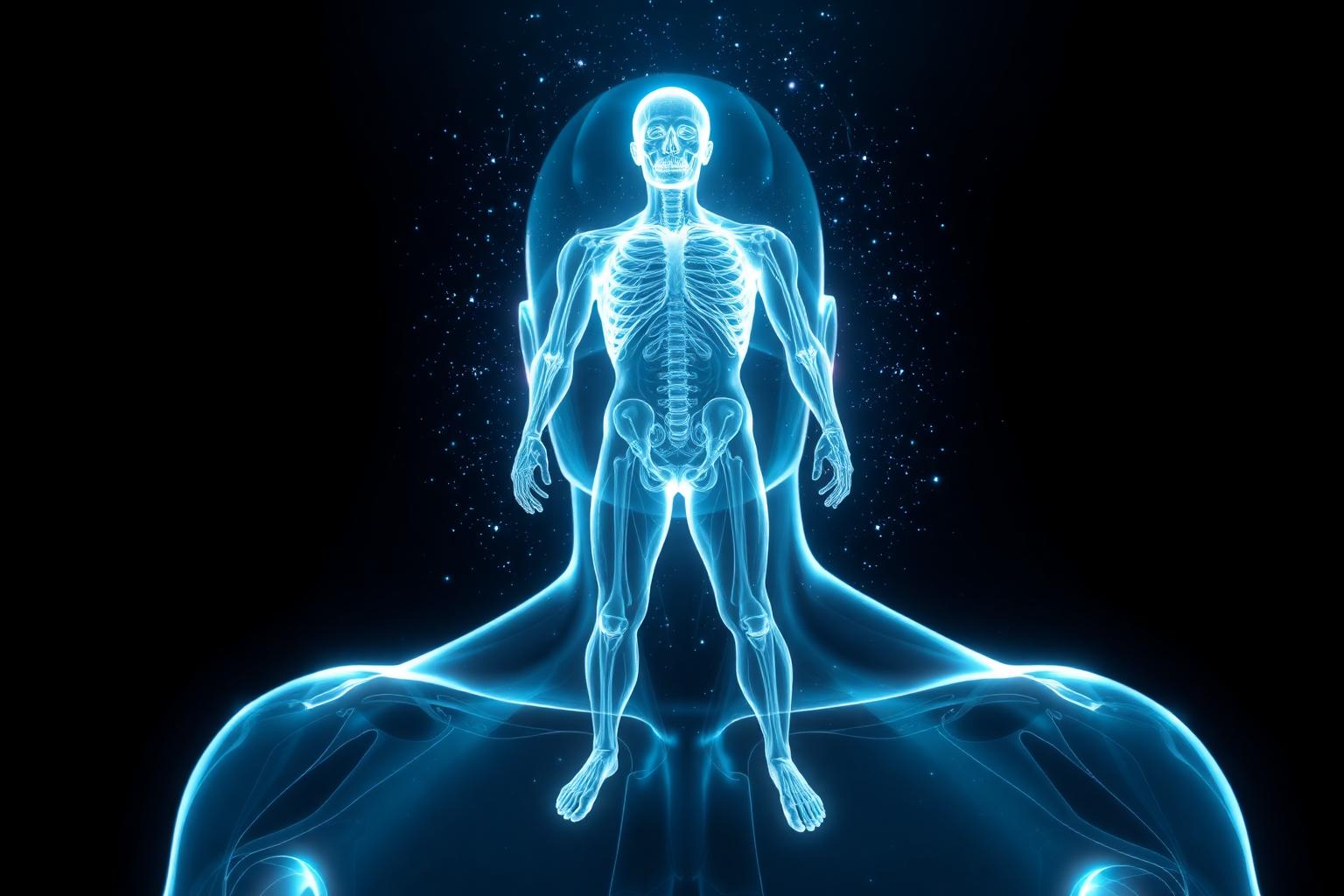 A glowing three-dimensional model of the human skeleton